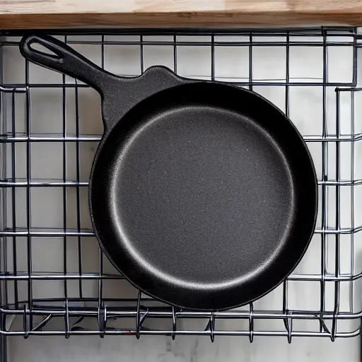 Image similar to cast iron skillet pan loaded into dishwasher rack, rust