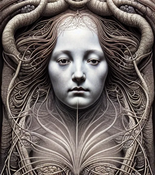 Prompt: detailed realistic beautiful dawn goddess face portrait by jean delville, gustave dore, iris van herpen and marco mazzoni, art forms of nature by ernst haeckel, art nouveau, symbolist, visionary, gothic, neo - gothic, pre - raphaelite, fractal lace, intricate alien botanicals, ai biodiversity, surreality, hyperdetailed ultrasharp octane render