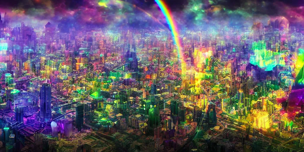 Image similar to City on Prism World, city inside of a crystal made of transparent prisms, fantasy world inside of a crystal, roads of light, rainbow colors, detailed matte painting, fantasy landscape, hyperrealistic