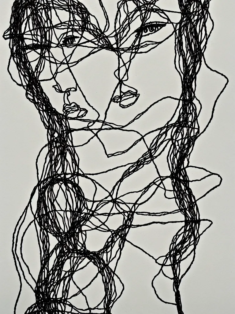 Prompt: elegant wire art portrait influenced by egon schiele. minimalist artwork full of human emotional expression and personality.