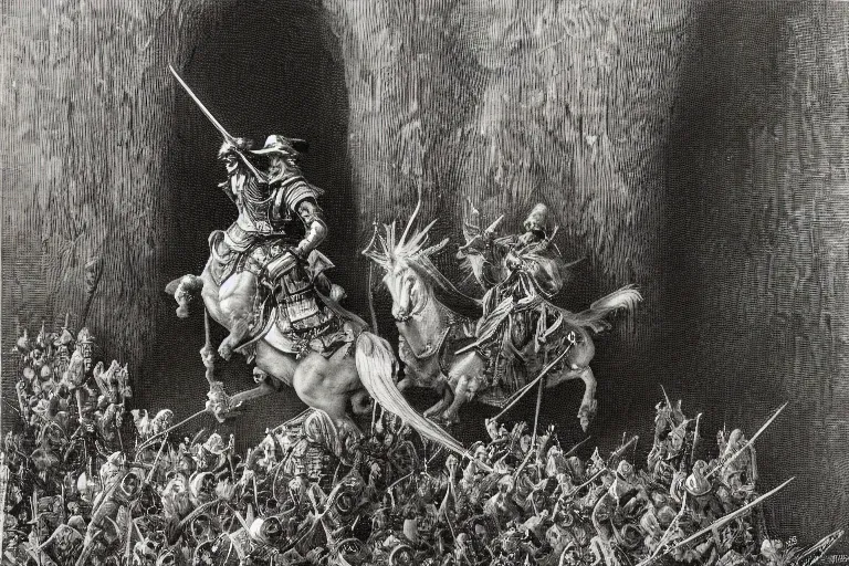 Image similar to highly detailed painting of big opened book, don quixote leave the book, symmetrical, masterpiece, by gene wolfe, highly detailed painting by gustave dore