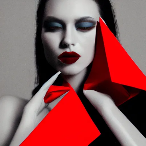 Image similar to origami portrait of a fashion model, black and red