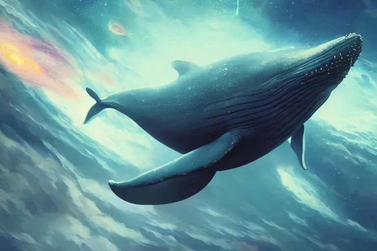 Prompt: a giant whale floating in outer - space, galaxies, stars, planets, star dust, ultra detailed, realistic, octane render, jesper ejsing, james jean, justin gerard, tomasz alen kopera, cgsociety, fenghua zhong, makoto shinkai, highly detailed, rim light, art, cinematic lighting, very coherent, 8 k