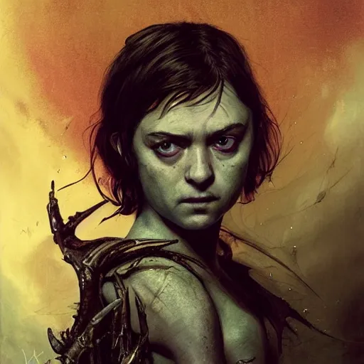 Image similar to portrait of arya stark as a succubus in a dark ancient attic room,full character, melting ,8k,by tristan eaton,Stanley Artgermm,Tom Bagshaw,Greg Rutkowski,Carne Griffiths, Ayami Kojima, Beksinski, Giger,trending on DeviantArt,face enhance,hyper detailed,minimalist,cybernetic, android, blade runner,full of colour