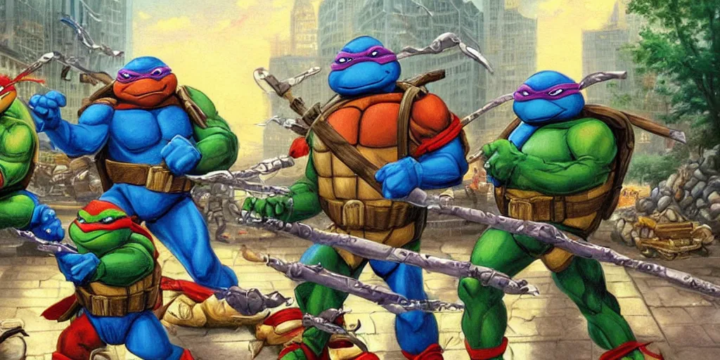 Prompt: Teenage Mutant Ninja Turtles, Painting by Thomas Kinkade