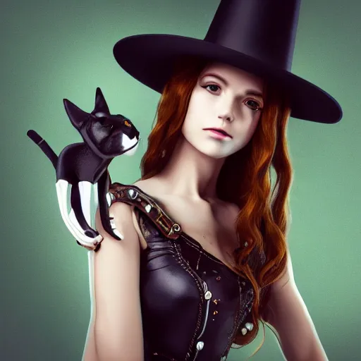 Image similar to a portrait beautiful steampunk woman and her cute robot cat, long hair, aged 2 5, slovenian, wearing a travel hat, photo realistic, real life, octane render, trending on artstation