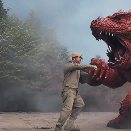 Prompt: a Caucasian man fighting with Godzilla