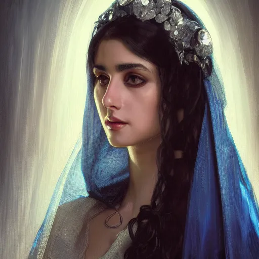 Image similar to a Photorealistic dramatic hyperrealistic render of an arab ameera al taweel, blue eyes, black wavy hair, white veil,by WLOP,Artgerm,Greg Rutkowski,Alphonse Mucha, Beautiful dynamic dramatic dark moody lighting,shadows,cinematic atmosphere,Artstation,concept design art,Octane render,8K