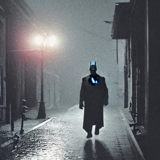 Image similar to 1900's photo of batman with frowning in deep alley street holding his emotion while walking slowly towards a street lamp, rain and smokes while the moon shines on his back, blurry, candid