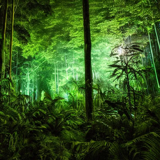 Image similar to a rainforest clearing at night softly lit by neon lights, dim lighting, leaves in foreground, HD, 8k, high resolution, photo,