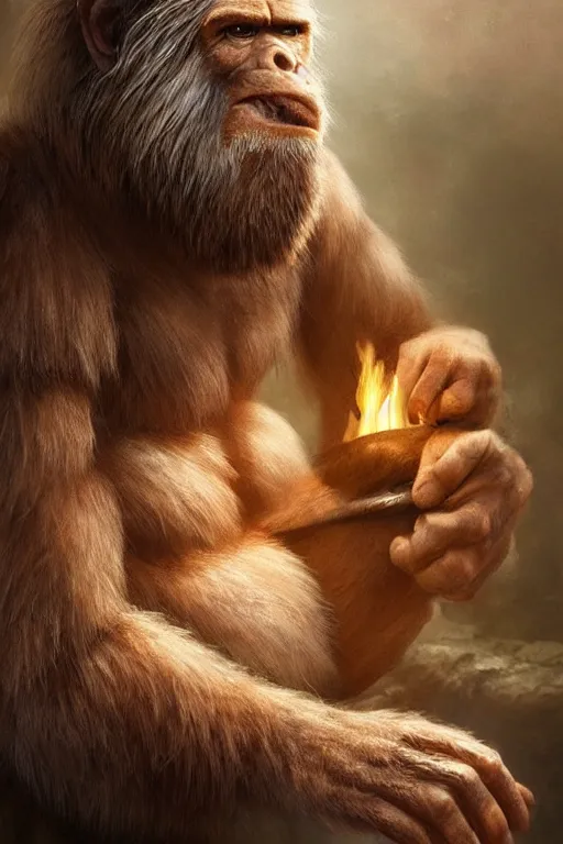 Image similar to caveman discovering fire, artstationhd, trending on artstation, detailed fur, beautiful cinematic, prehistoric, homosapien, paleo art, cave ape, old world human, detailed textures, realistic hair, award winning artwork, fur and skin