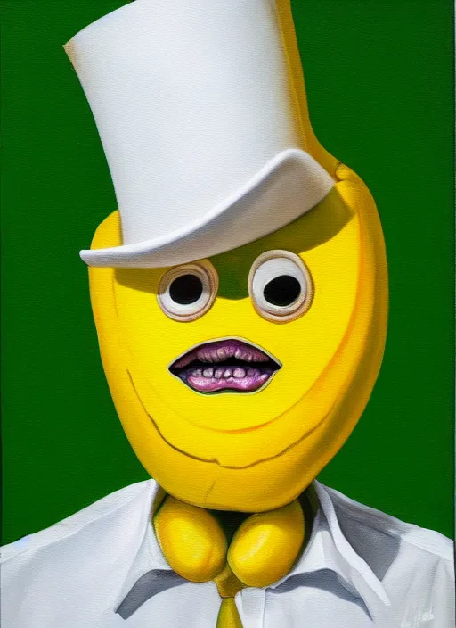 Image similar to hyper realistic painting of an anthropomorphic banana with bloodshot eyes; wearing a white shirt and white top hat; painted by Greg Rukowtski