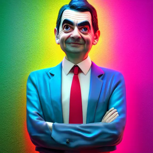 Prompt: a mr bean portrait, rain, neon, beautiful, rendered in octane, unreal engine, cinematic