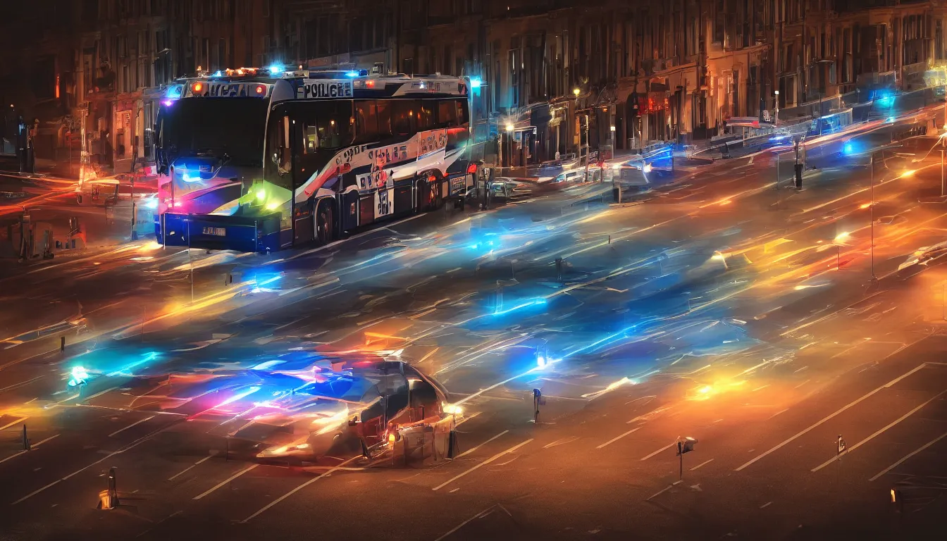 Prompt: Police Bus at night with lights on, photorealistic, cinematic