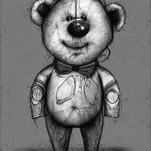 Prompt: surrealism grunge cartoon sketch of a teddy bear by - michael karcz, loony toons style, creepy themed, detailed, elegant, intricate