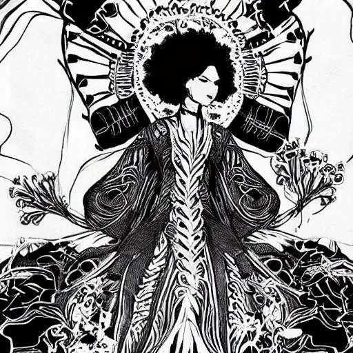 Image similar to black and white pen and ink!!!!!!! sorcerer beautiful attractive long hair Zoë Kravitz wearing High Royal flower print robes flaming!!!! final form flowing ritual royal!!! Contemplative stance Vagabond!!!!!!!! floating magic witch!!!! glides through a beautiful!!!!!!! Camellia!!!! Tsubaki!!! death-flower!!!! battlefield behind!!!! dramatic esoteric!!!!!! Long hair flowing dancing illustrated in high detail!!!!!!!! by Hiroya Oku!!!!!!!!! graphic novel published on 2049 award winning!!!! full body portrait!!!!! action exposition manga panel black and white Shonen Jump issue by David Lynch eraserhead and beautiful line art Hirohiko Araki!! Frank Miller, Kentaro Miura!, Jojo's Bizzare Adventure!!!! 3 sequential art golden ratio technical perspective panels horizontal per page