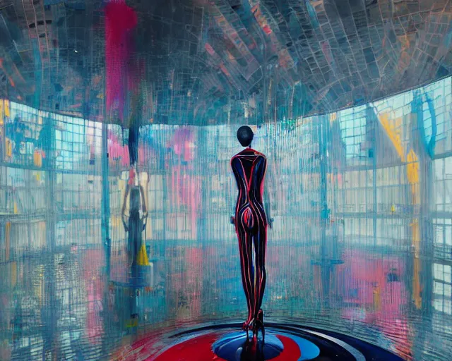 Image similar to a transforming model wearing futuristic bodysuit waving a flag on a rotating platform in a bullring surrounded by lights by james jean and luc tuymans and beeple and hernan bas and pat steir and hilma af klint, psychological, 3 d, dripping paint, high quality render, masterpiece