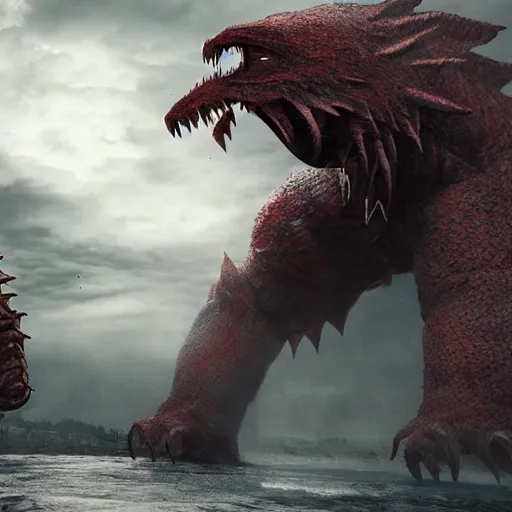 Prompt: an epic battle between two huge kaiju monsters