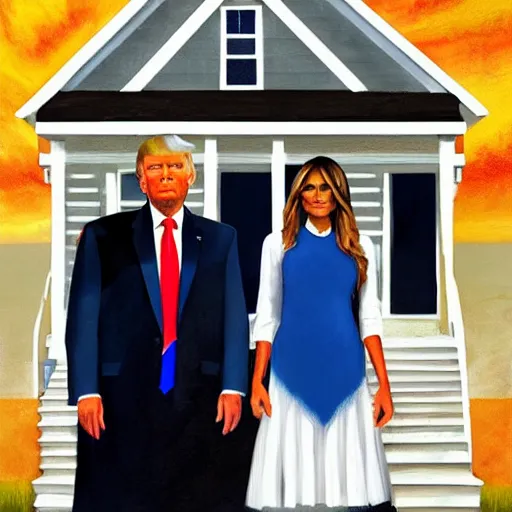 Prompt: american gothic painting but with donald trump and melania trump as the subjects, art station, high quality,