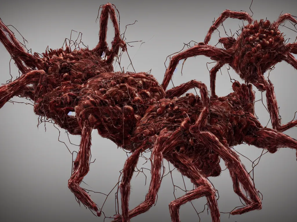 Image similar to Techno-biological iron-meat cat spider. Consisting of tumors, fur, veins, guts, long spider paws, kidneys, wires, shafts. The head is made of mechanisms and a fanged maw. Bodyhorror, biopunk, extremely high detail, ultra realistic, photorealism, concept art, octane render, view from a distance, 8k, 16k