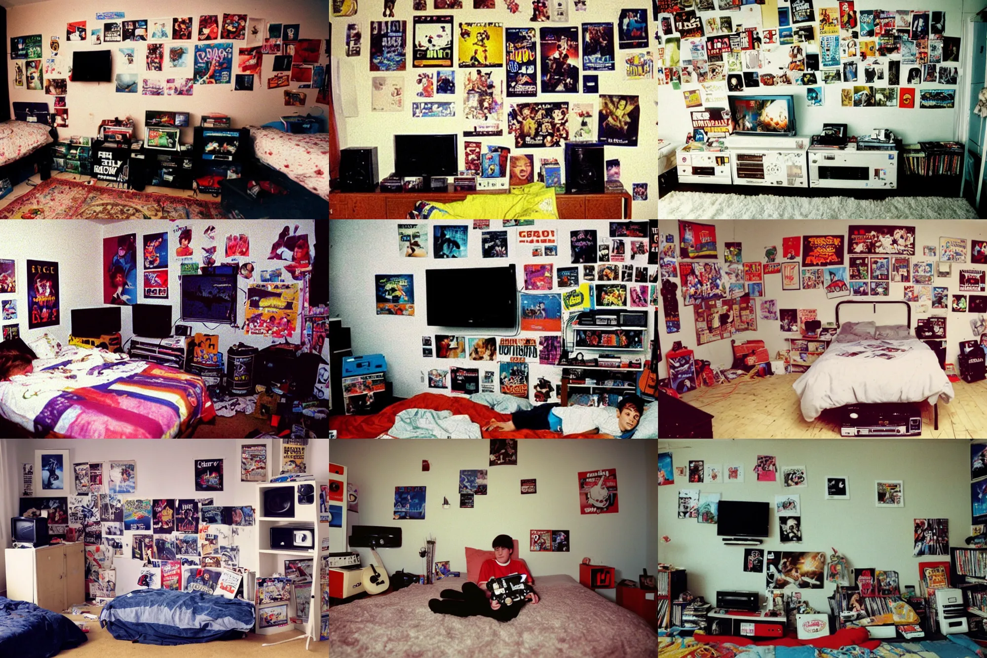 Prompt: a photo taken on a disposable camera of a teenage boy's bedroom, a bed, there were posters on the wall, CDs, a video game console and TV, 1998