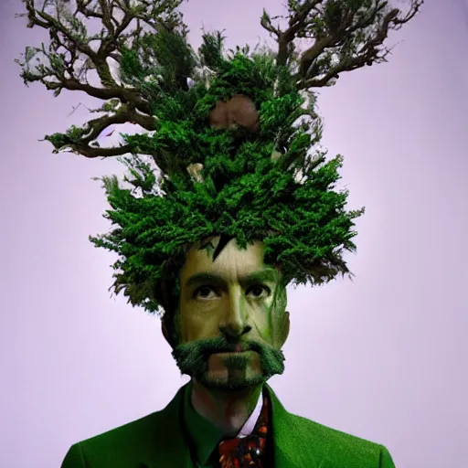 Image similar to a man in a green jacket with a tree on top of his head, a surrealist sculpture by kim keever, behance, pop surrealism, surrealist, dystopian art, whimsical