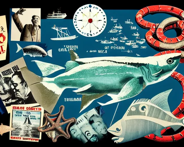Image similar to footage of a theater stage, 1956 poster, cut out collage, La Nouvelle Vague, break of dawn on Neptun, epic theater, arctic fish, nautical maps, NY style grafitti, in style of Monthy Python, composition by Terry Gilliam, written by H.P. Lovecraft, lens flare
