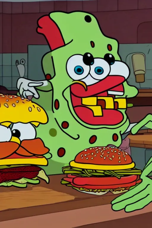 Prompt: sifi spongebob fight mr crabs for a burger