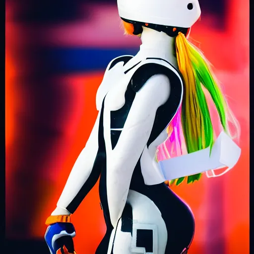 Image similar to extremely beautiful photo of a white marble statue of a girl with colorful motocross logos and motorcycle helmet with closed visor, colorful smoke in the background, carved marble statue, symmetrical, vogue, fine art, neon genesis evangelion, virgil abloh, offwhite, denoise, highly detailed, 8 k, hyperreal