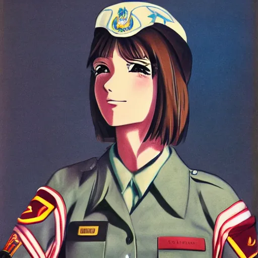 Image similar to anime girl in a 1 9 6 7 us army uniform, portrait