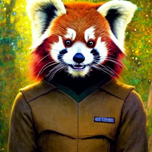 Prompt: a portrait of a male red panda in starfleet uniform at night in a dark forest. zootopia fursona furaffinity furry art detailed face painting by gaston bussiere craig mullins jc leyendecker gustav klimt artgerm greg rutkowski furry