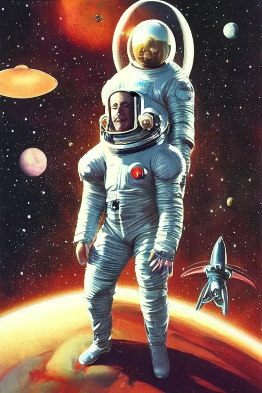 Image similar to portrait of an obese udo kier wearing leather spacesuit, nebula space background and spaceship, illustration by normal rockwell and jacob collins, artstation character art, john berkey, greg rutkowski