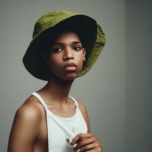 Prompt: realistic photoshooting for a new arcteryx lookbook, color film photography, portrait of a beautiful woman, model is wearing a bucket hat, photo in style of tyler mitchell, 3 5 mm,