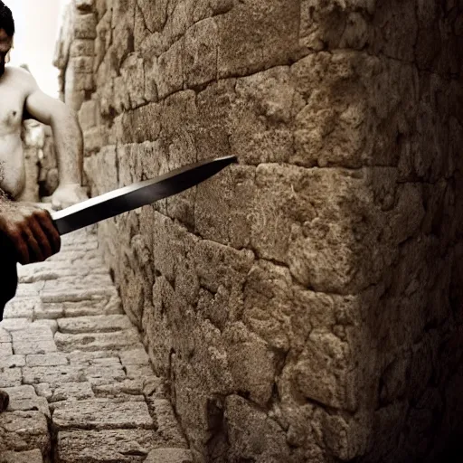 Image similar to award winning cinematic still of 40 year old Mediterranean skinned man in Ancient Canaanite clothing fixing a crumbled wall in Jerusalem, holding a sword and a chisel, dramatic lighting, strong shadows, directed by Ridley Scott