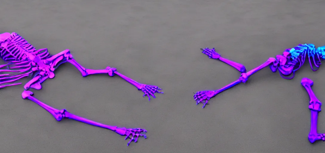 Image similar to the skeleton lies on the ground in front of the computer, office, magenta and blue