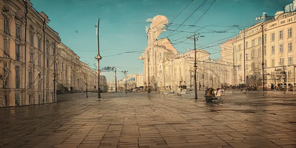 Image similar to cinematic street shot of a floating space venus cosmos city saint petersburg city, telephoto, anamorphic cinematography, beautiful composition, color theory, leading lines, photorealistic, moody volumetric lighting