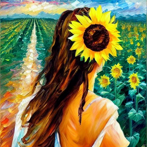 Image similar to a girl in amazing tall sunflower field, her hair flowing down, subtle, intricate details, real masterpiece, oil on canvas, by leonid afremov