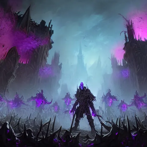 Image similar to necromancer with an army of undead rising from the ground, violet theme, hearthstone art style, epic fantasy style art by Craig Mullins, fantasy epic digital art, epic fantasy card game art by Greg Rutkowski