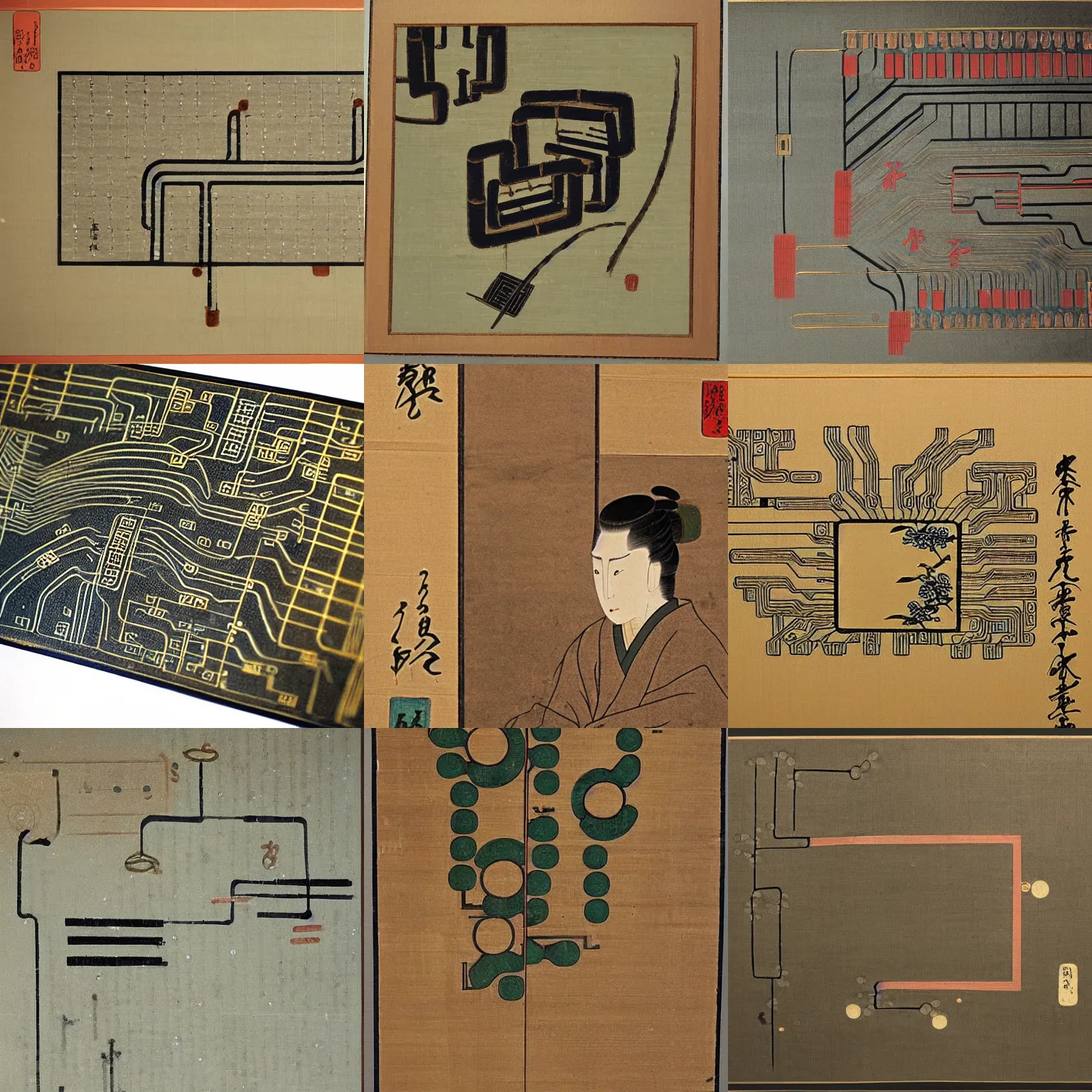 Prompt: ancient japanese painting of a circuit board, extremely detailed