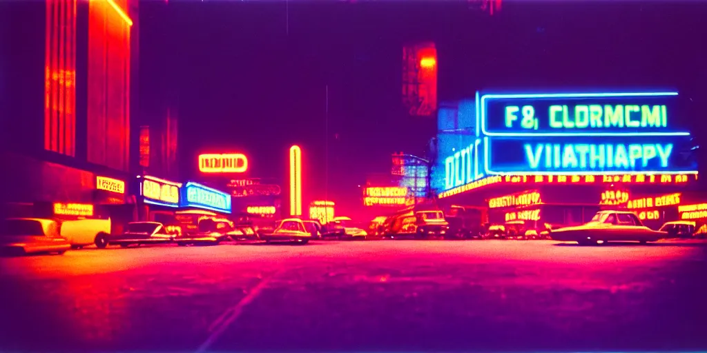 Prompt: 1 9 7 0 s chrome cityscape, mirrored finish, neon lights, dirty, ektachrome photograph, volumetric lighting, f 8 aperture, cinematic eastman 5 3 8 4 film