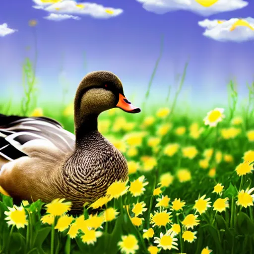 Prompt: a duck in a field of daisies on a bright sunny day, duck surrounded by daisies, with clouds in the sky, lots of little daisies in the field, spring, nature, beautiful, disney pixar style, super resolution, extremely detailed