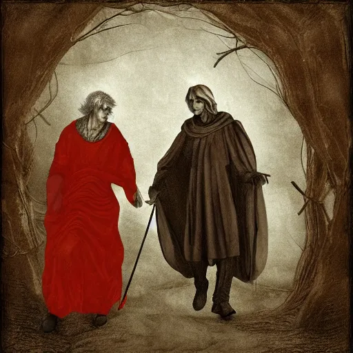 Prompt: dante alighieri and the poet virgil walking through limbo, digital art, gloomy, dark, detailed 8 k