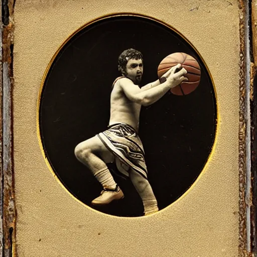 Prompt: Daguerreotype of a Byzantine warrior dunking a basketball into a hoop