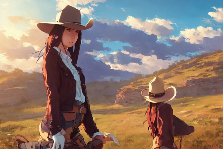 Prompt: single subject digital art of a western cowgirl western girlfriend, scenic full shot, ambient lighting, detailed face, by makoto shinkai, stanley artgerm lau, wlop, rossdraws