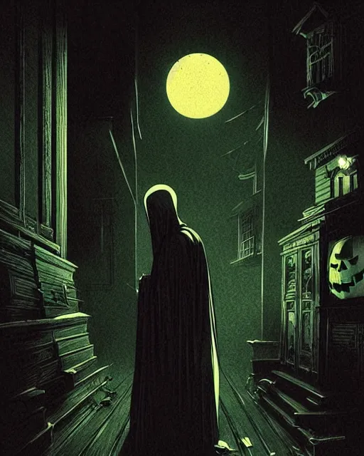 Prompt: creepy evil ghost, halloween night, horror wallpaper aesthetic, cinematic, dramatic, super detailed and intricate, by koson ohara, by darwyn cooke, by greg rutkowski, by satoshi kon