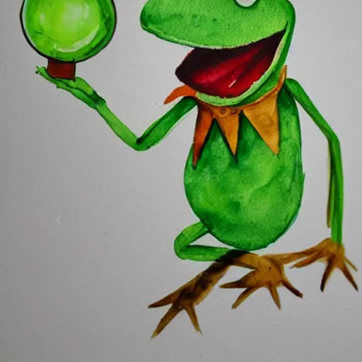 Image similar to Kermit the Frog trapped in a lightbulb, water color painting