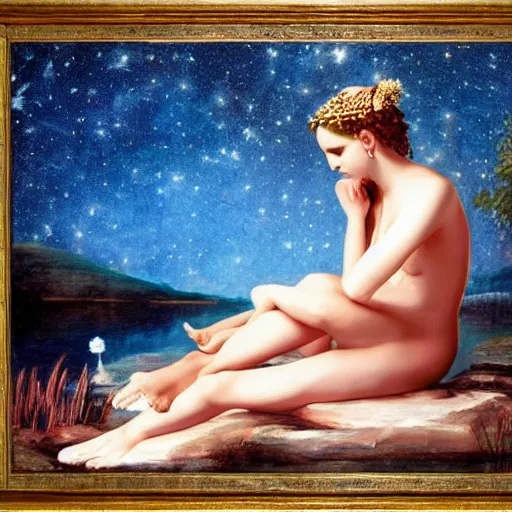 Prompt: greek goddess sitting in a beautiful pond under the stars, harsh lighting, painting, classical art