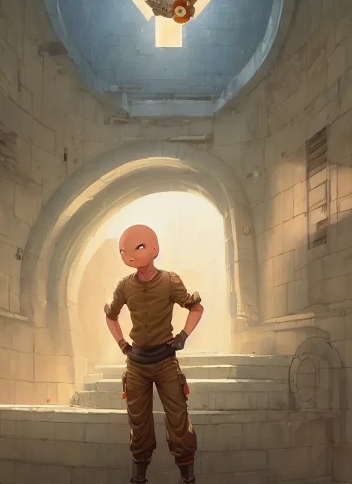 Image similar to highly detailed krillin standing outside prison art by greg rutkowski, loish, rhads, ferdinand knab, makoto shinkai and lois van baarle, ilya kuvshinov, rossdraws, tom bagshaw, global illumination, radiant light, detailed and intricate environment