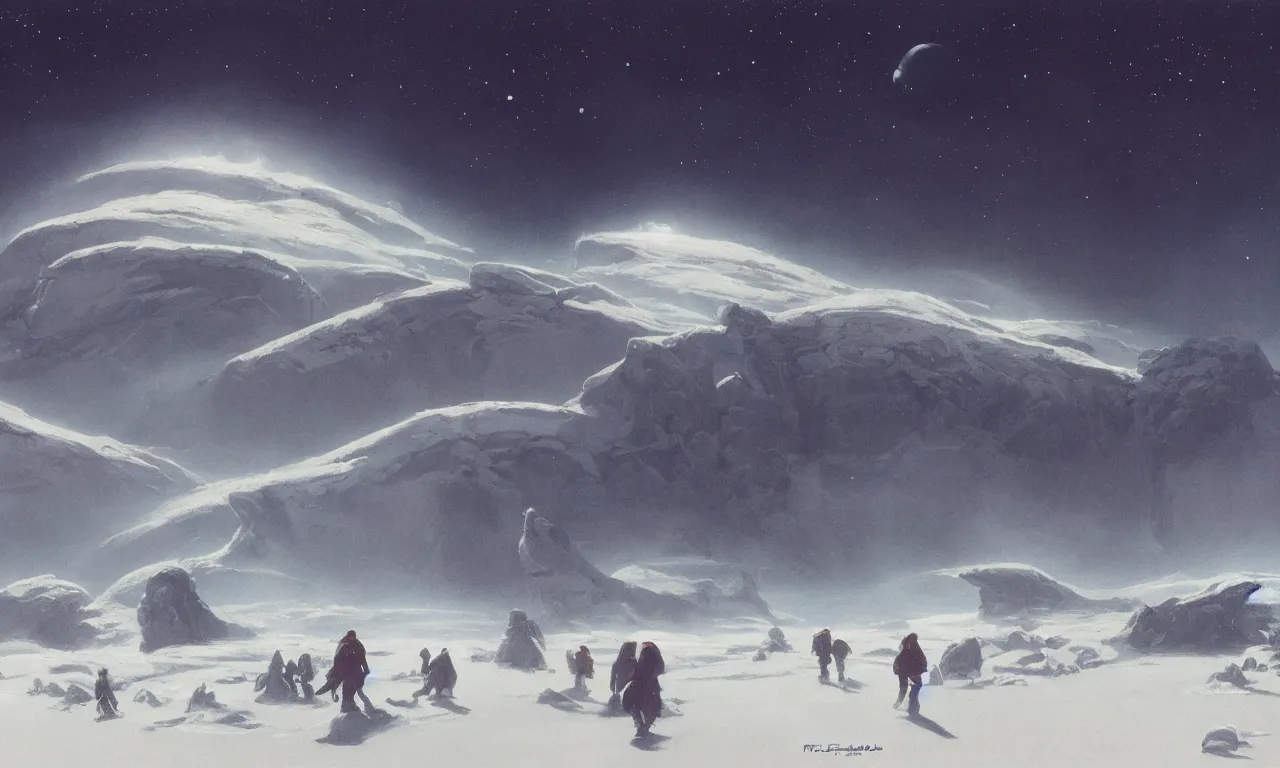 Prompt: frozen wasteland frontiers with clouds and fog on an alien science-fiction planet with distant mountains and snow by Syd Mead, Federico Pelat