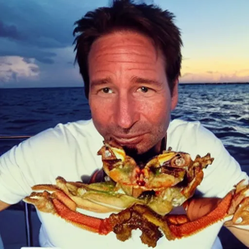 Image similar to photo of david duchovny eating soft shell crab on a yacht in the bahamas at sunset